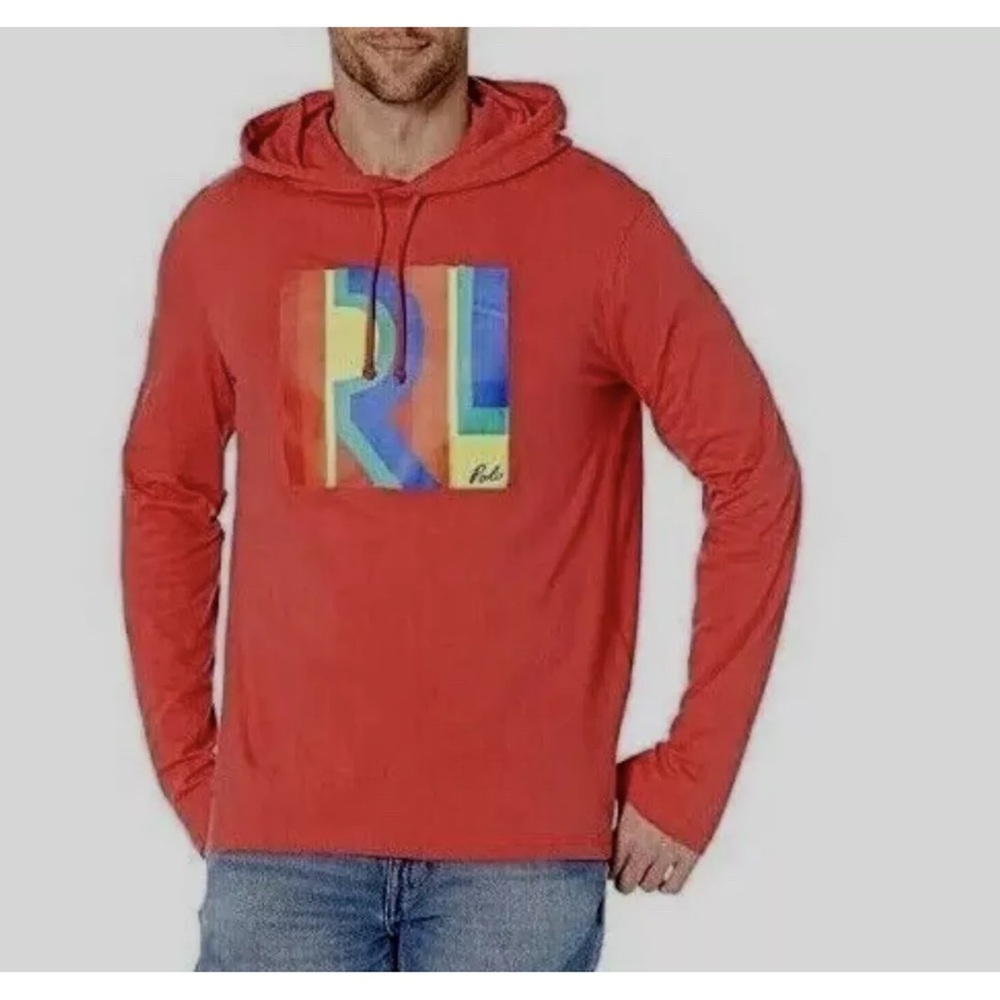Polo Ralph Lauren Medium Rainbow Box Logo Jersey Graphic T-Shirt Hoodie Red NWOT